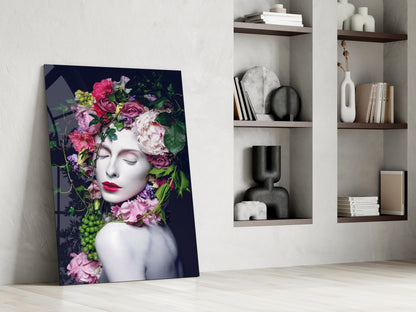Floral Woman Portrait Glass Wall Art