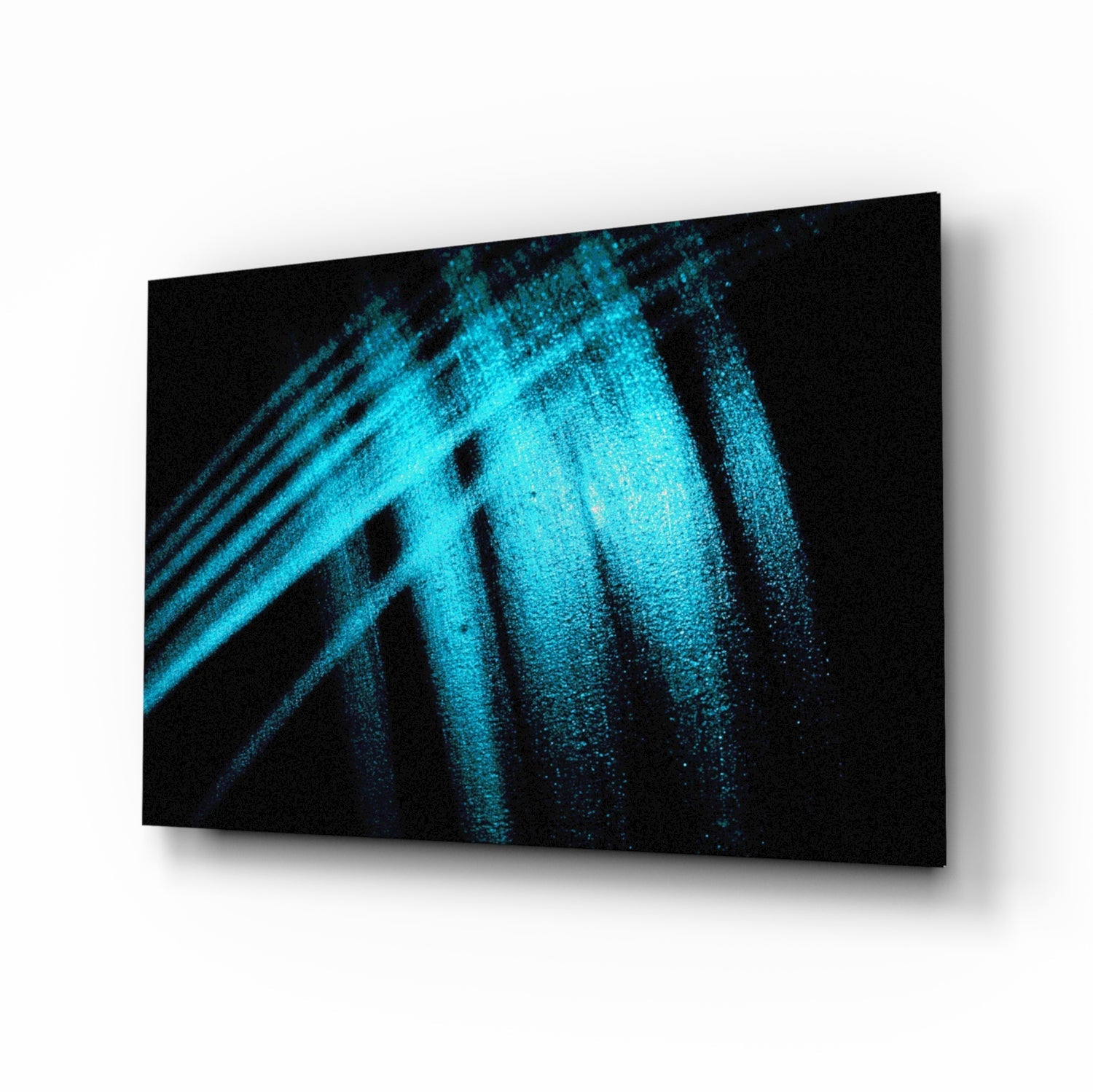 Blue Lights glitter glass wall art with cyan-turquoise streaks on black