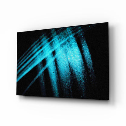 Blue Lights glitter glass wall art with cyan-turquoise streaks on black