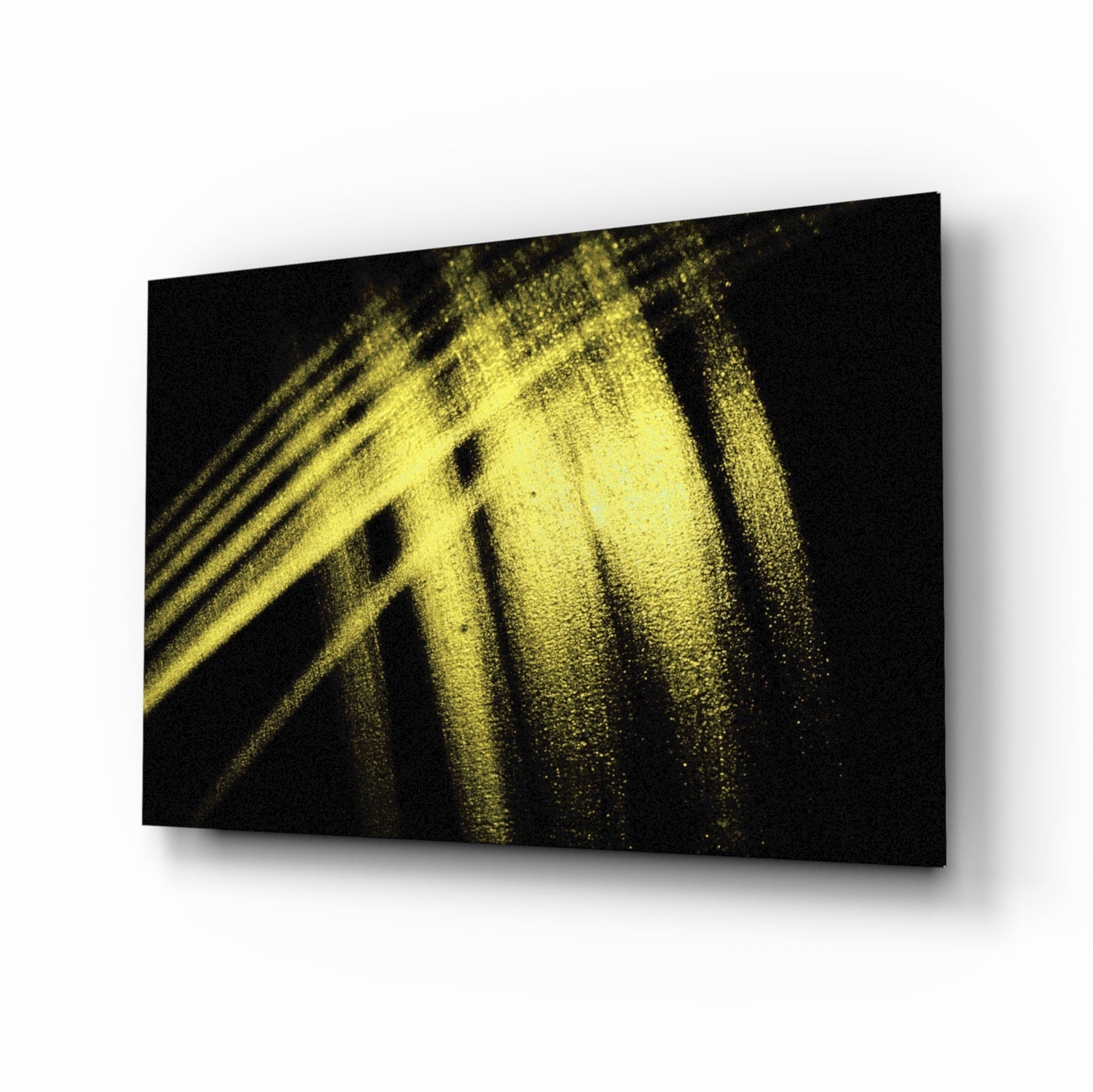 Yellow Lights tempered glass wall art hanging in a modern living room