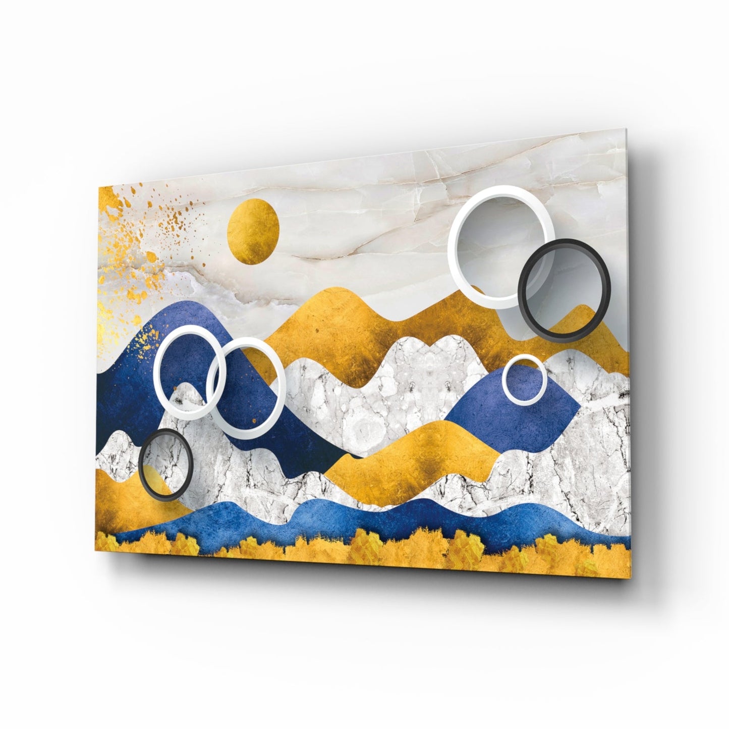 Navy and gold abstract geometric mountains on glass wall art