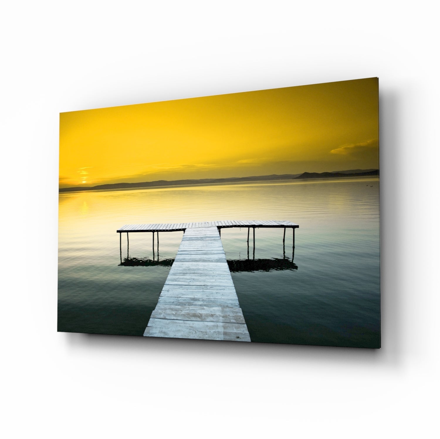 Golden Sunset Wooden Dock glass wall art lake landscape print