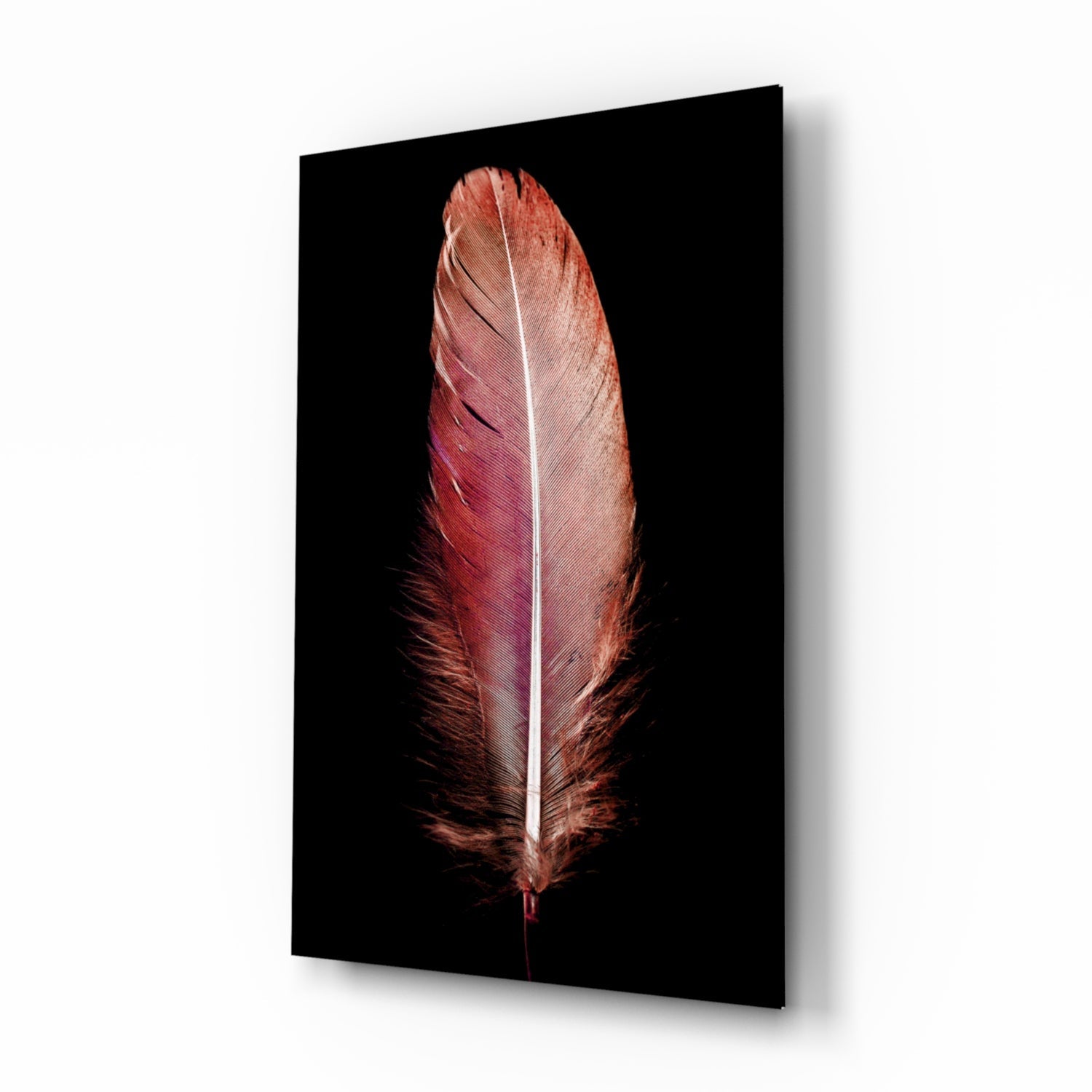 Tile Feather glass wall art in coral and rose tones