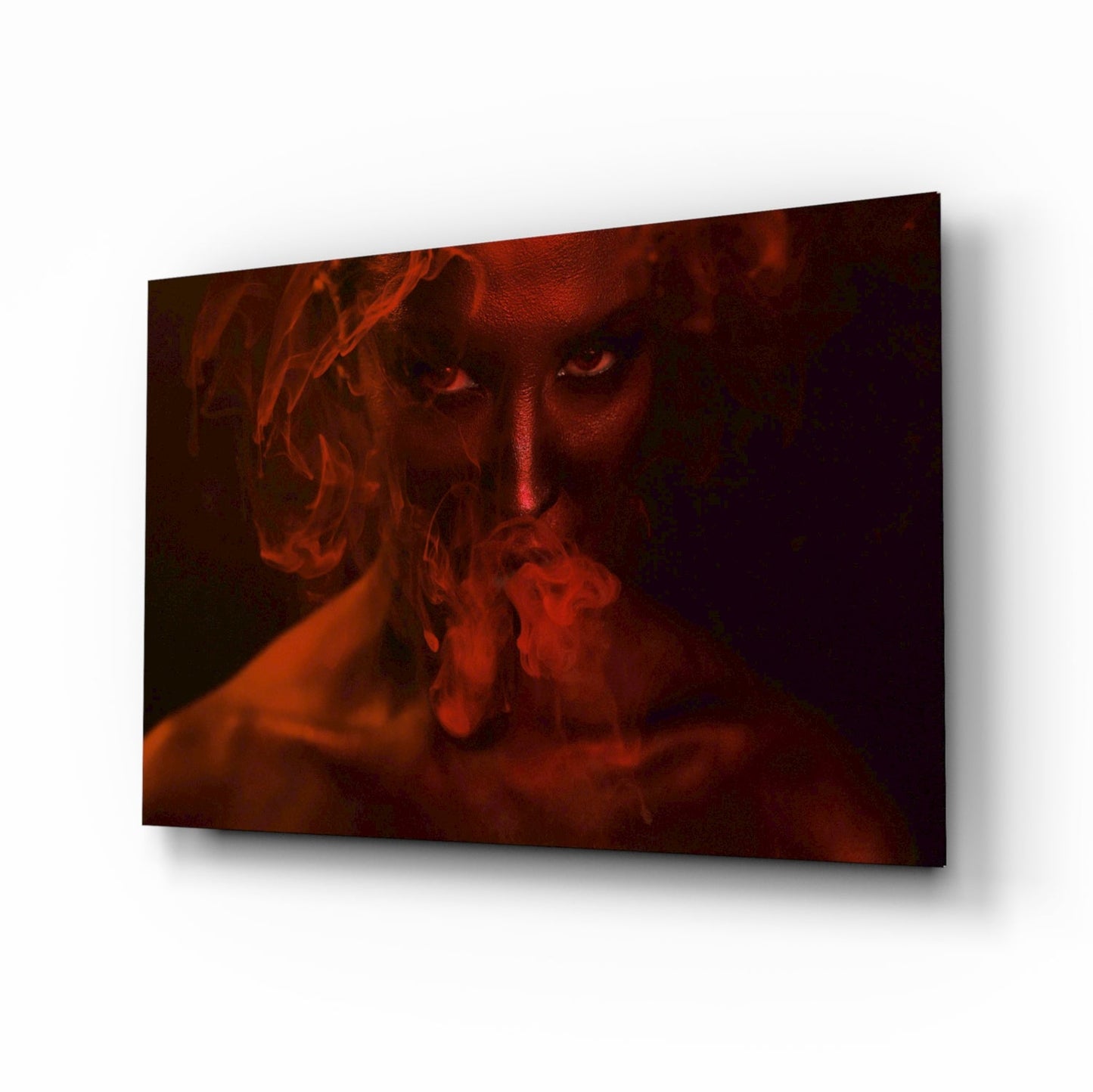 Red smoke woman portrait glass wall art