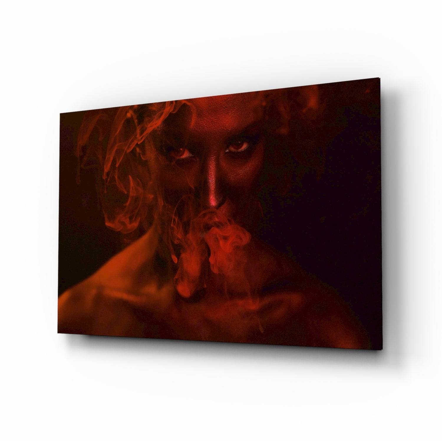Red smoke woman portrait glass wall art