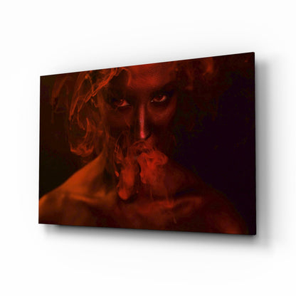 Red smoke woman portrait glass wall art