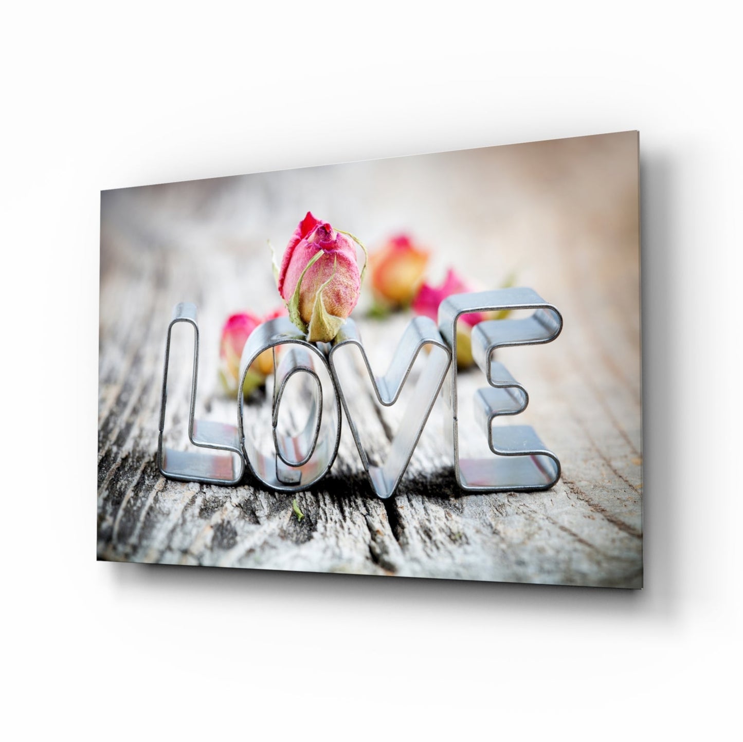 Chrome love letters with rosebud glass wall art