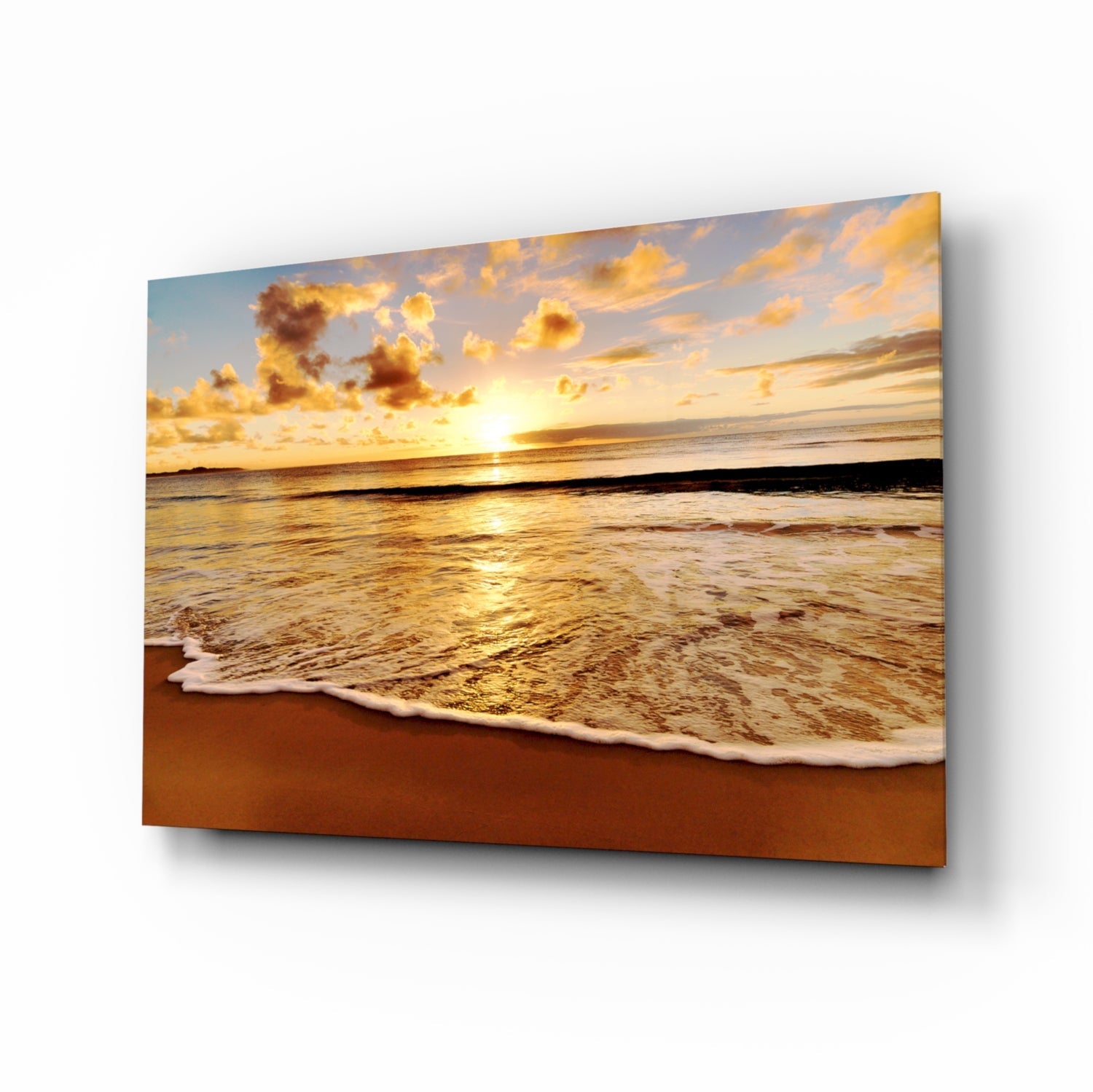 Golden shoreline sunrise glass wall art in gold and cream