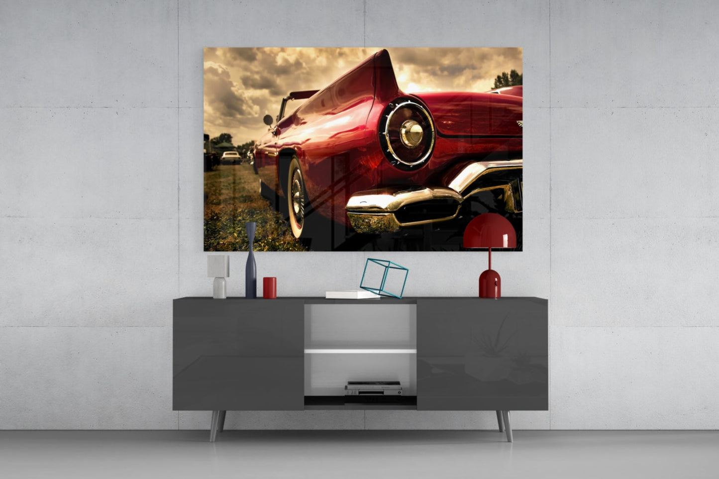 Crimson Classic Car Tailfin Glass Wall Art