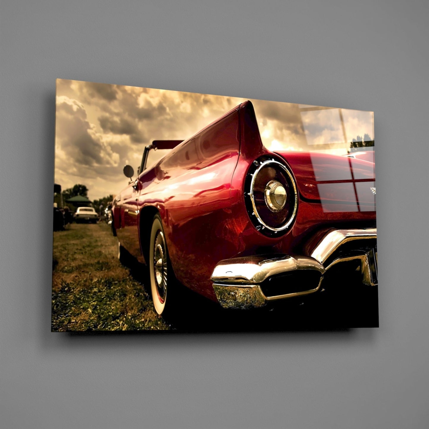 Crimson Classic Car Tailfin Glass Wall Art