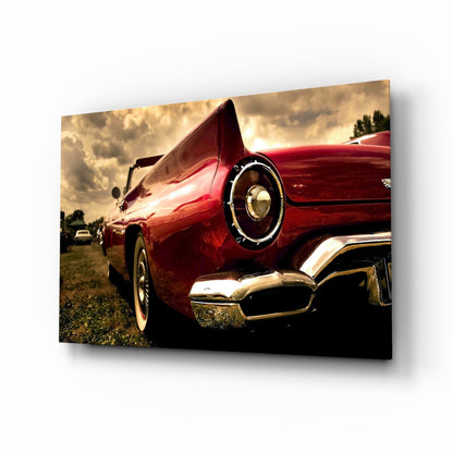 Crimson classic car tailfin glass wall art with polished finish