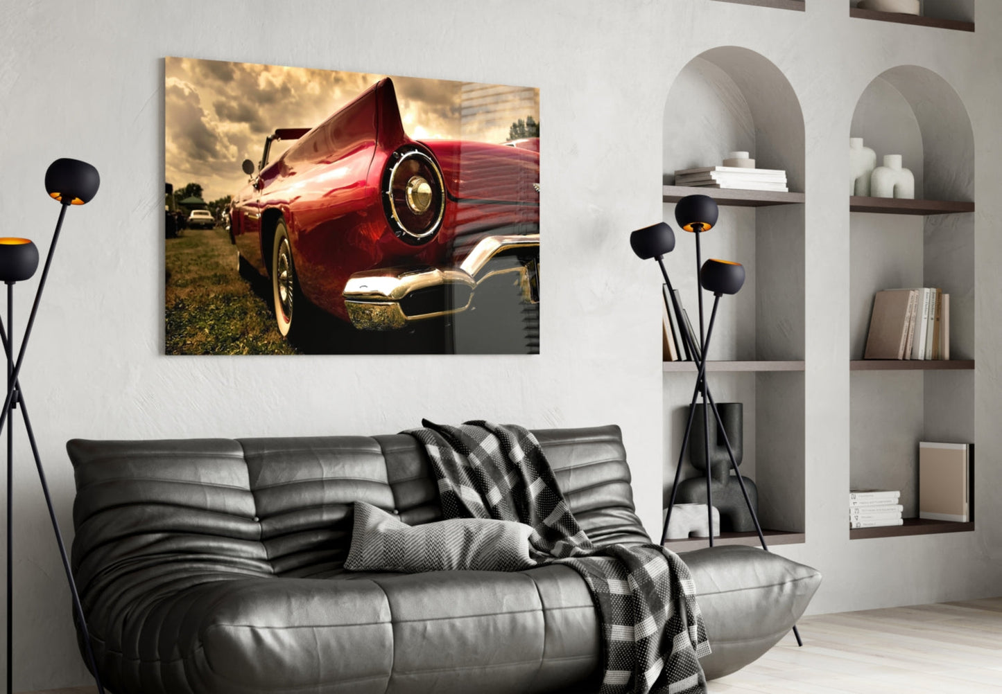 Crimson Classic Car Tailfin Glass Wall Art