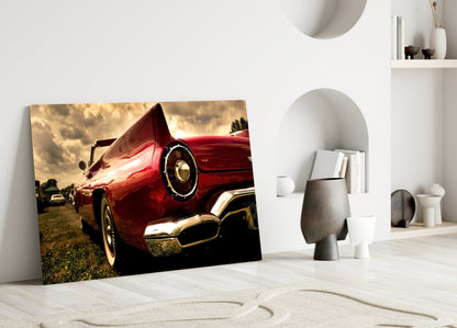 Crimson Classic Car Tailfin Glass Wall Art