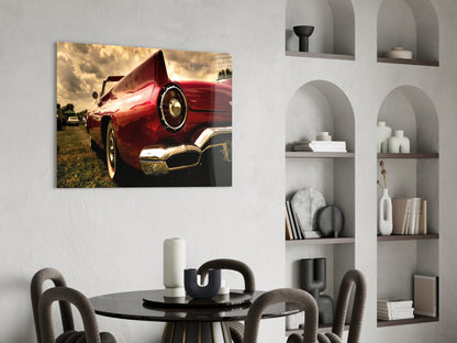 Crimson Classic Car Tailfin Glass Wall Art