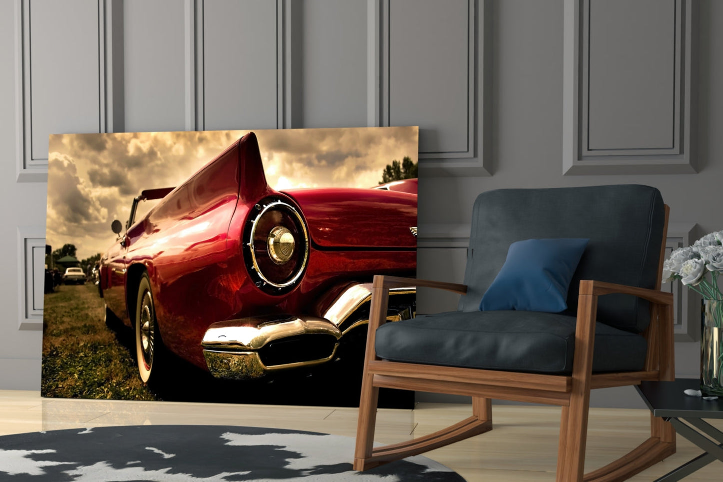 Crimson Classic Car Tailfin Glass Wall Art