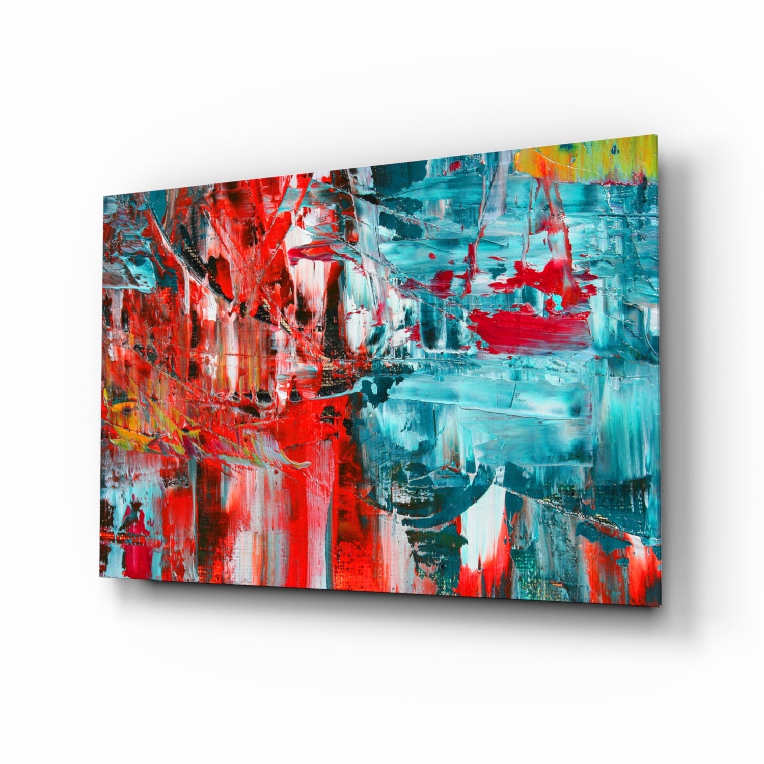 Abstract Reflection Glass Wall Art print in scarlet and teal tones