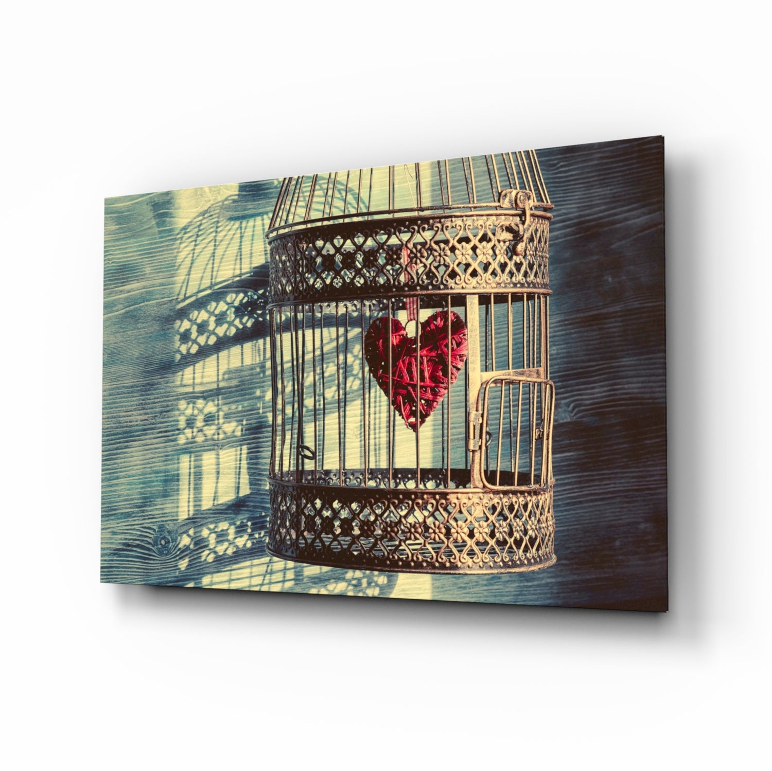 Caged Heart glass wall art vintage birdcage