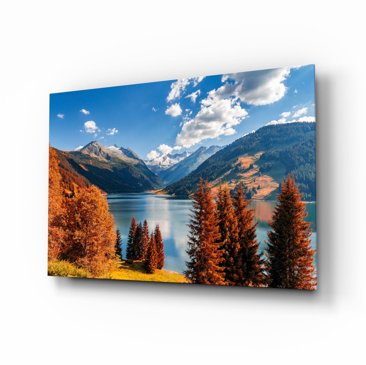 Autumn alpine lake glass wall art