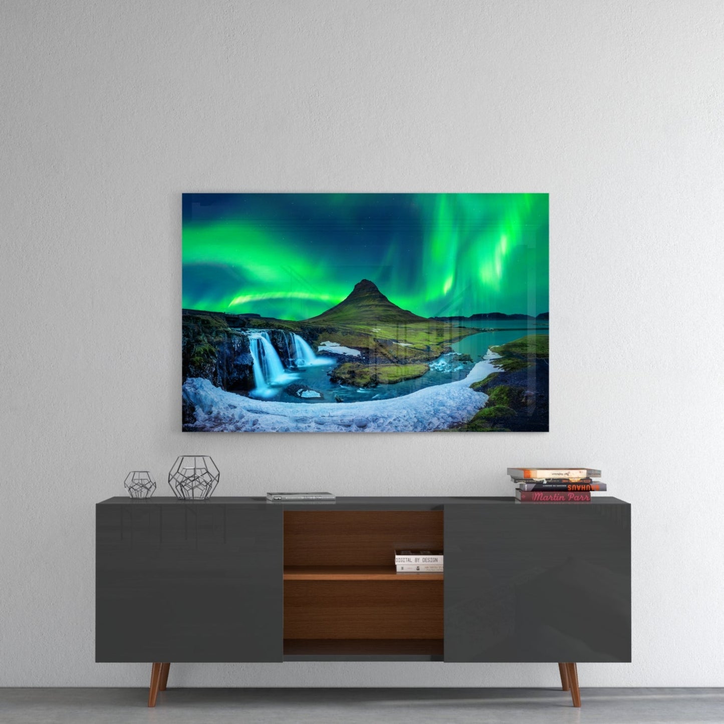 Northern Lights Glass Wall Art, Aurora Over Iceland Mountain