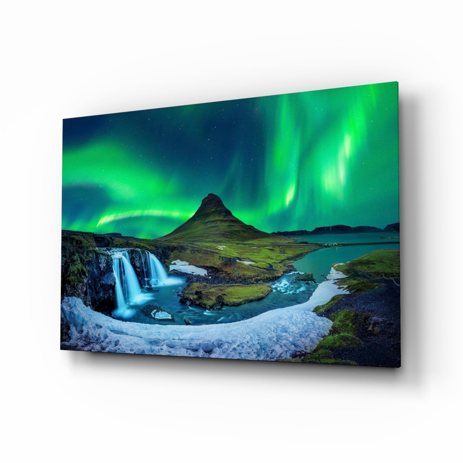 Northern lights aurora over an Iceland mountain glass wall art