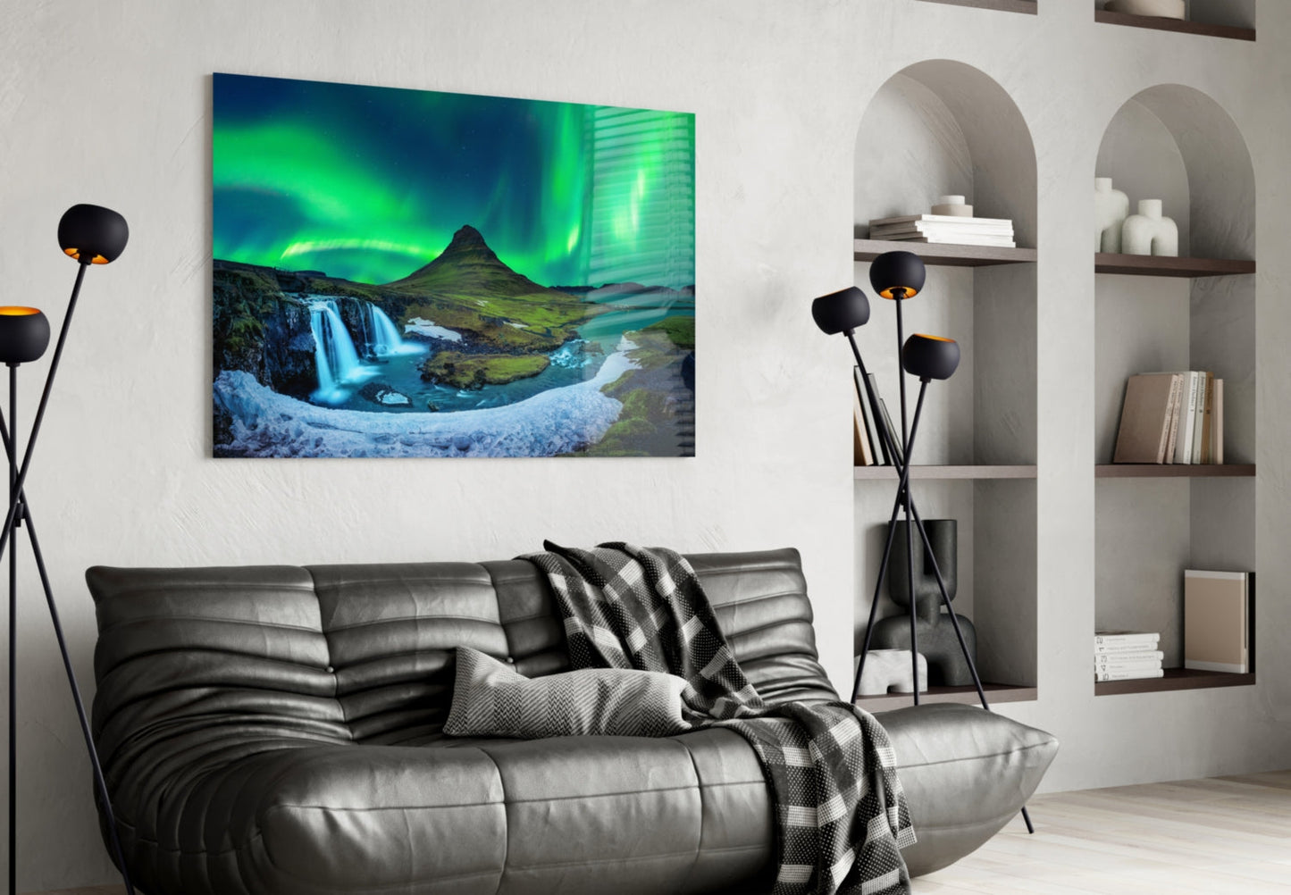 Northern Lights Glass Wall Art, Aurora Over Iceland Mountain