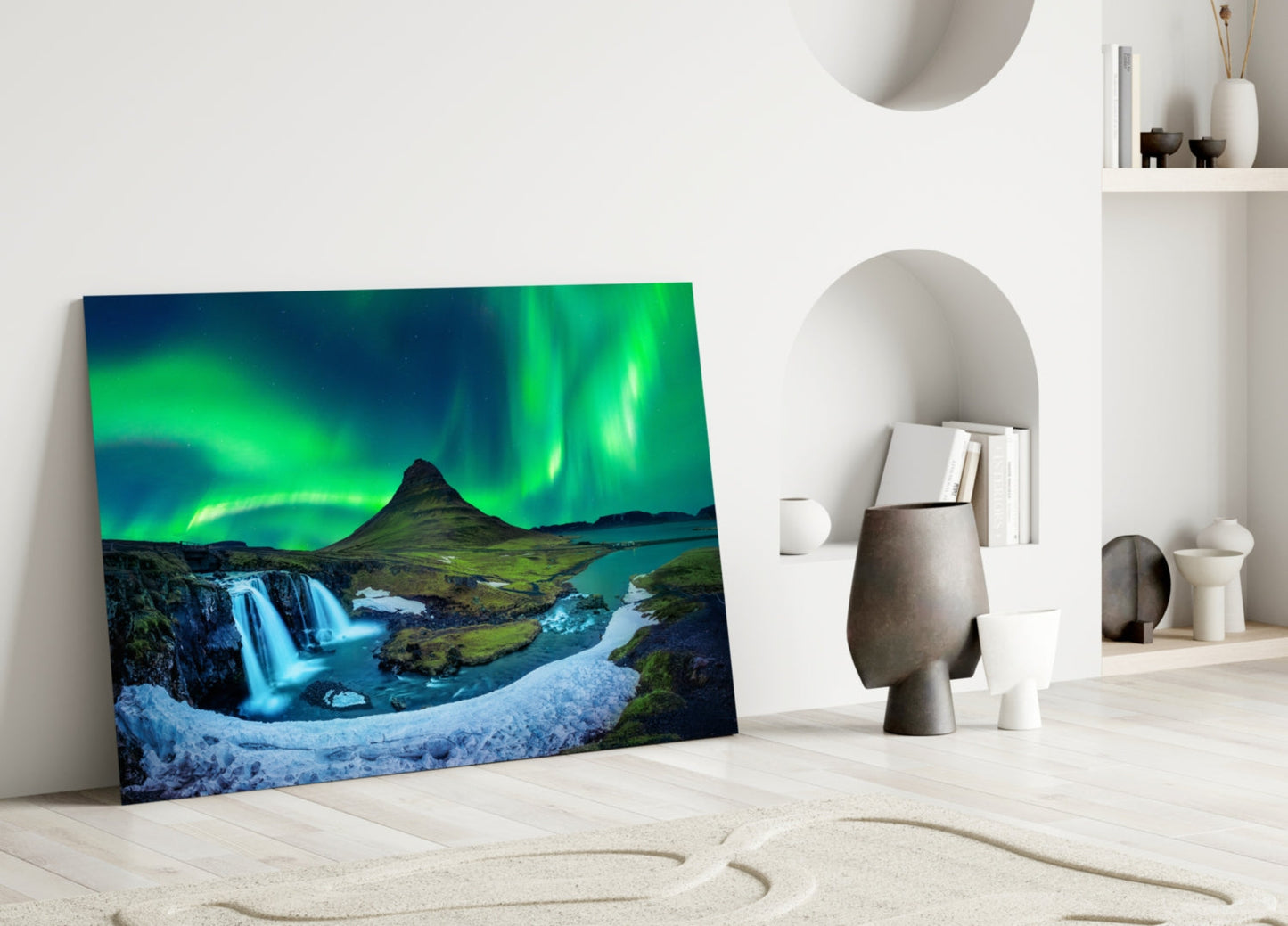 Northern Lights Glass Wall Art, Aurora Over Iceland Mountain