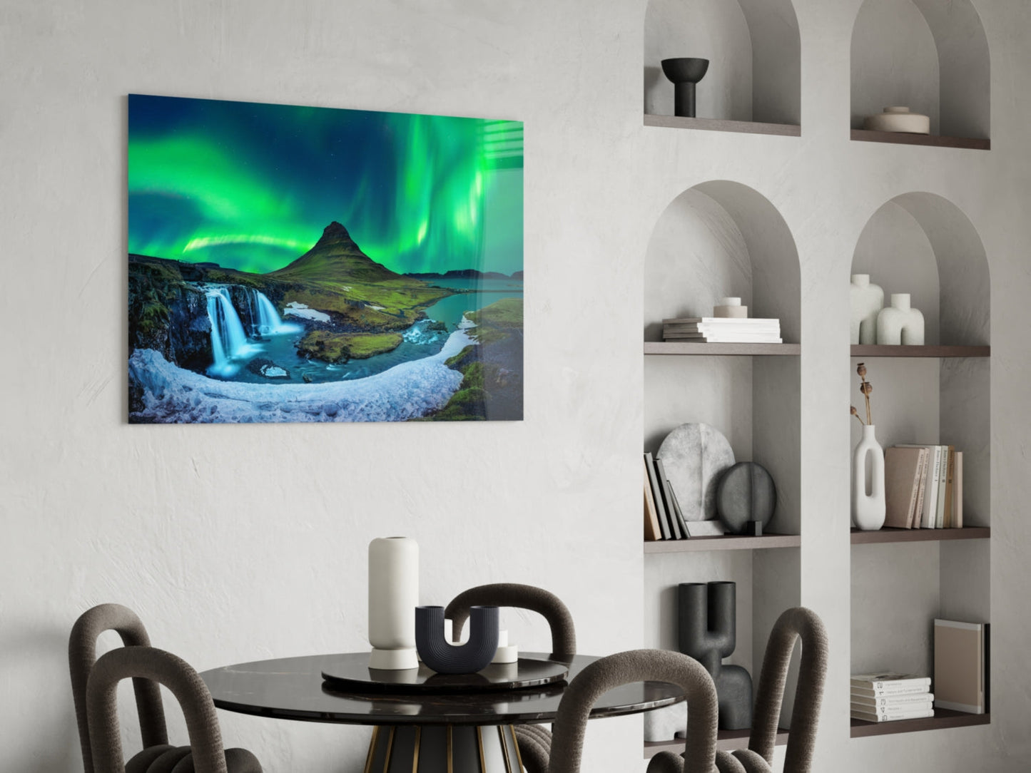Northern Lights Glass Wall Art, Aurora Over Iceland Mountain