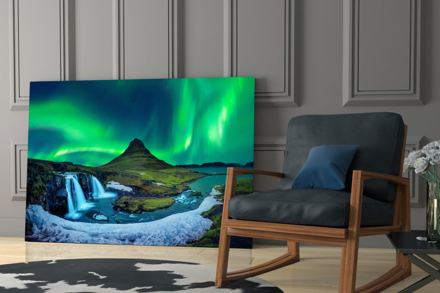 Northern Lights Glass Wall Art, Aurora Over Iceland Mountain