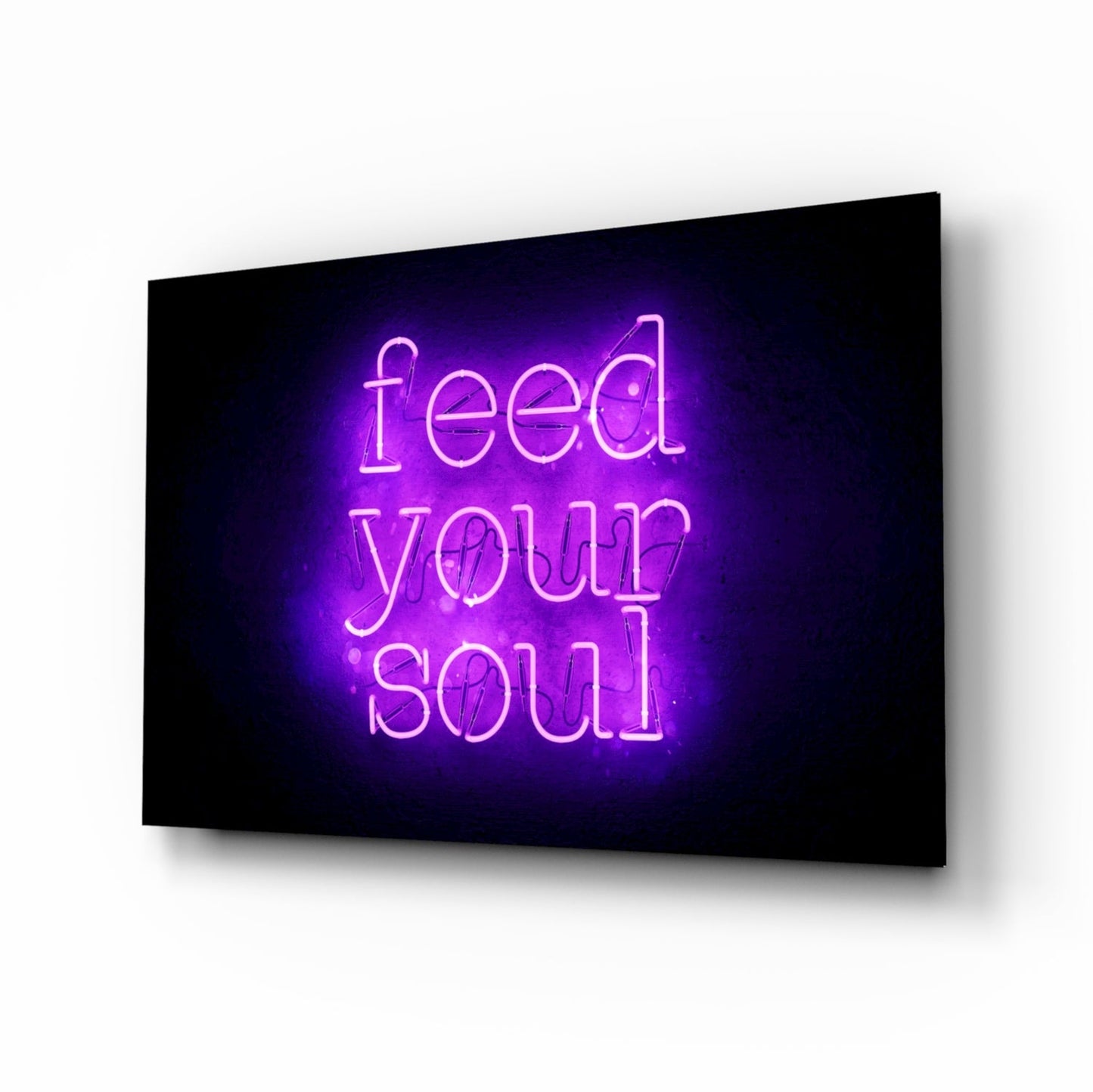 Feed Your Soul neon glass wall art in magenta and plum on high-gloss tempered glass