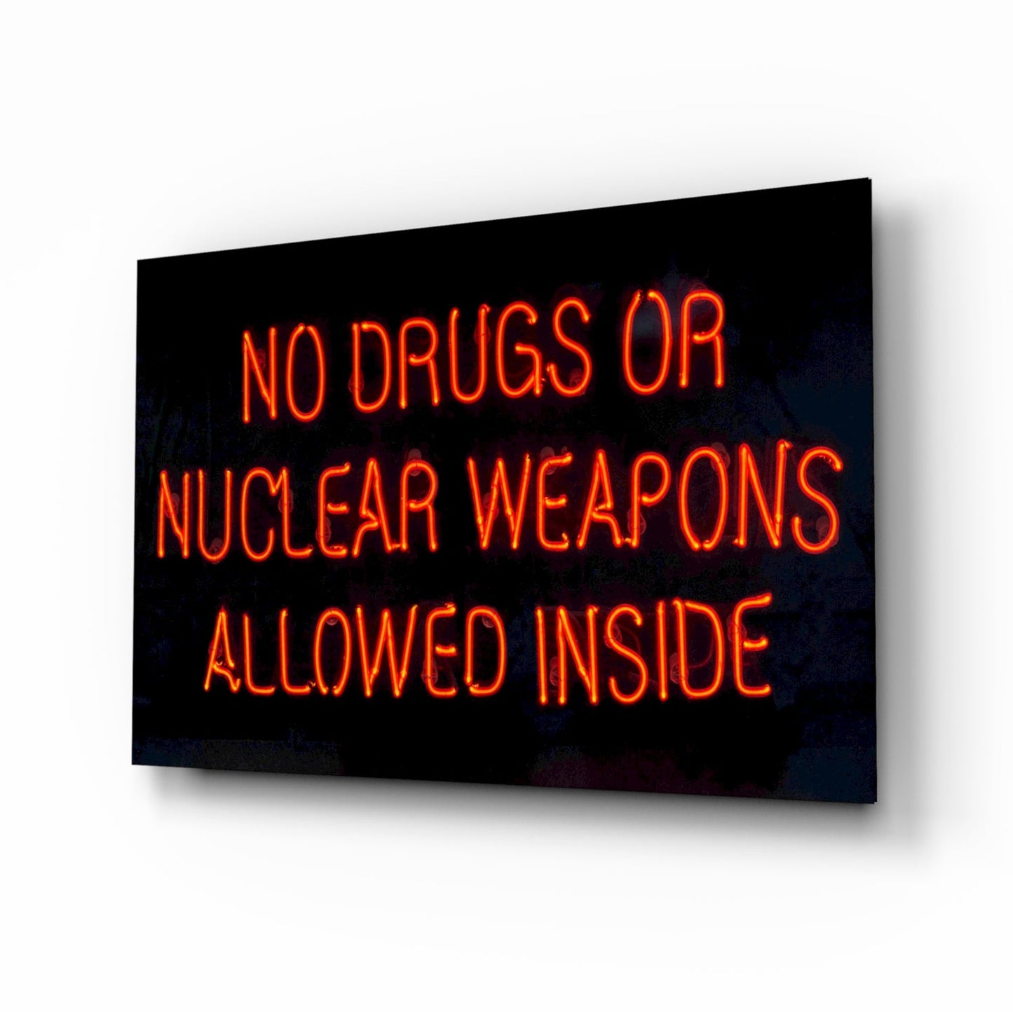 No Drugs Or Nuclear Weapons neon-style glass wall art sign print