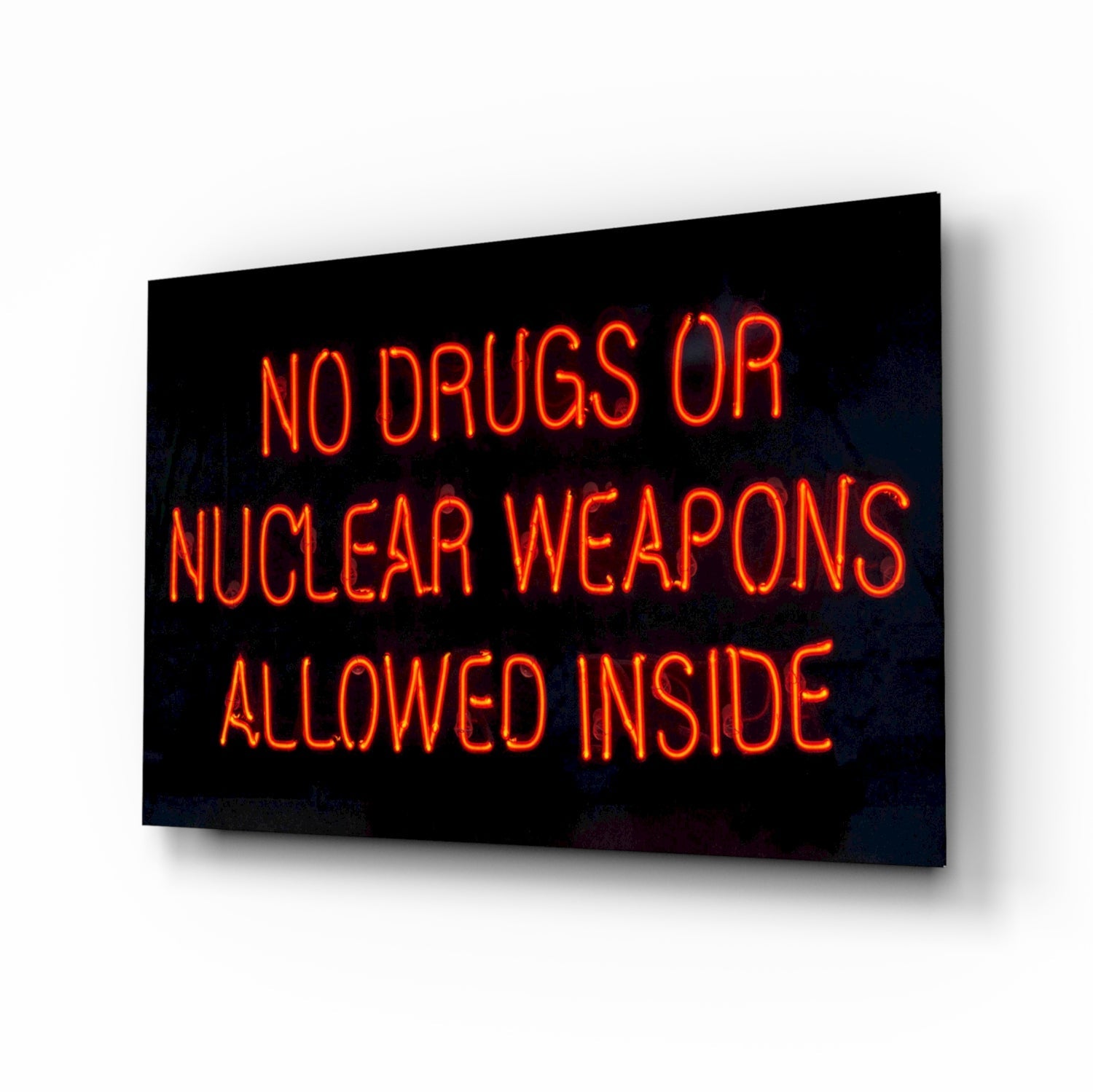 No Drugs Or Nuclear Weapons neon-style glass wall art sign print