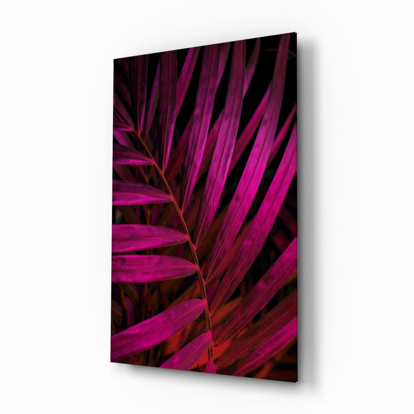 Magenta palm frond glass wall art