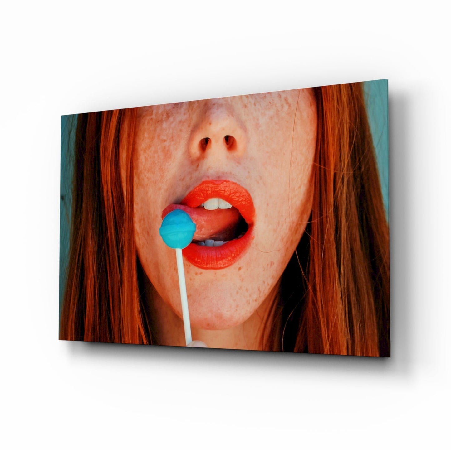 Pop art redhead portrait glass wall art with lollipop
