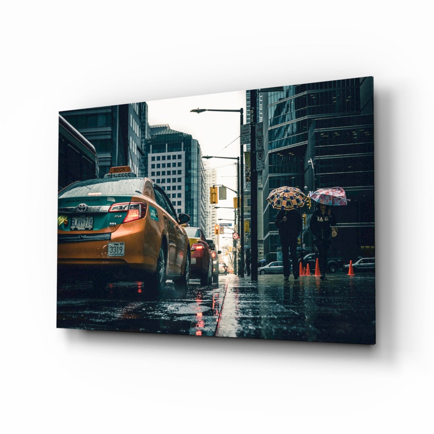 Rain in the city glass wall art
