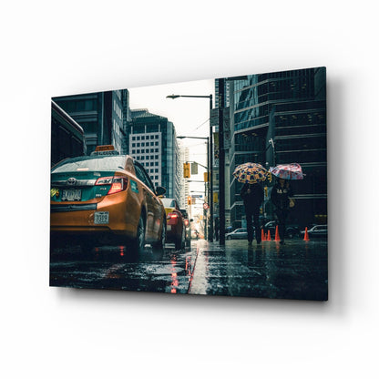 Rain in the city glass wall art
