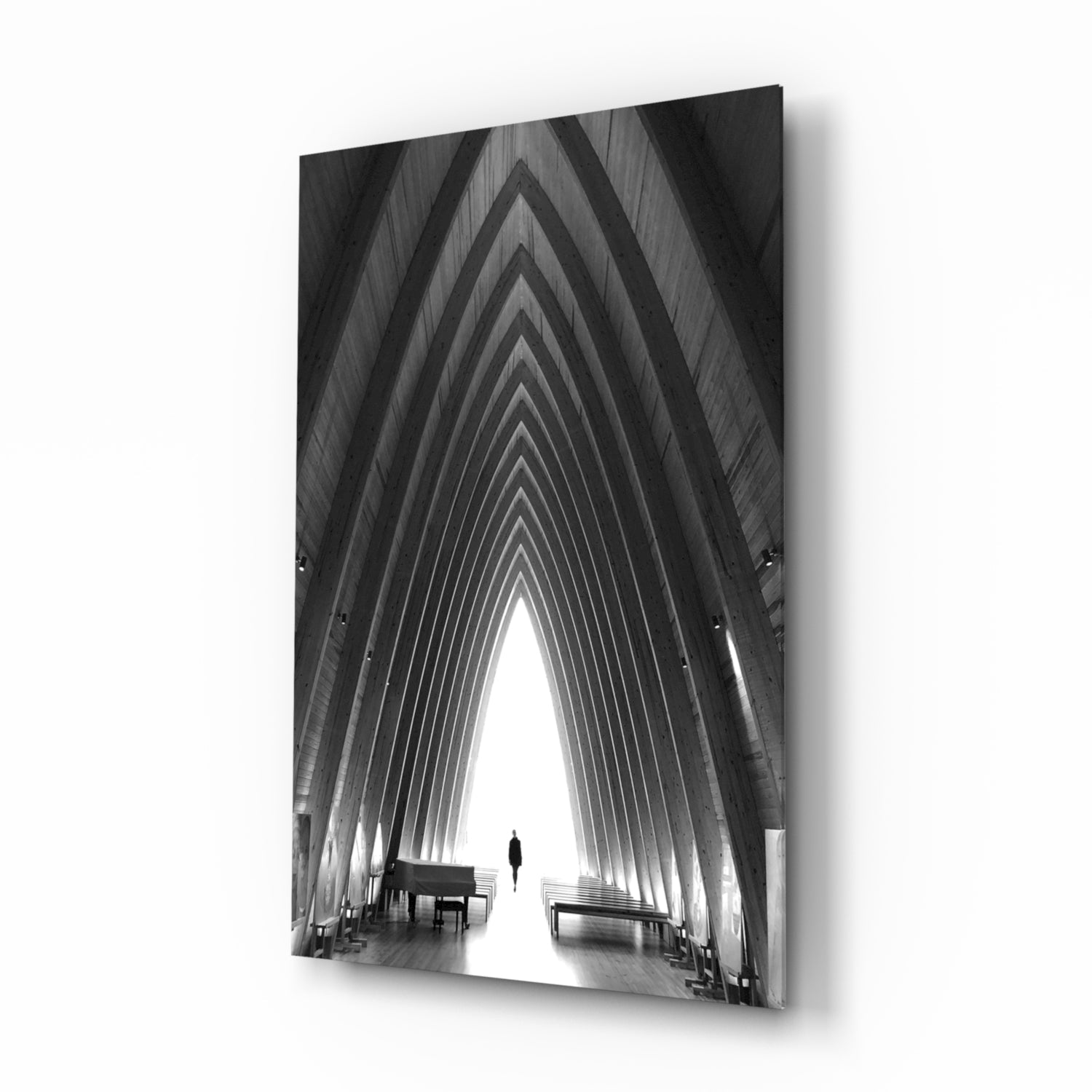 Wooden cathedral glass wall art, black-and-white vaulted chapel with arched window