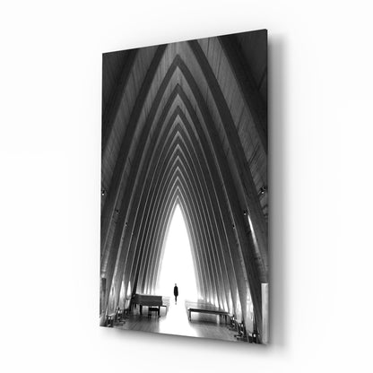 Wooden cathedral glass wall art, black-and-white vaulted chapel with arched window