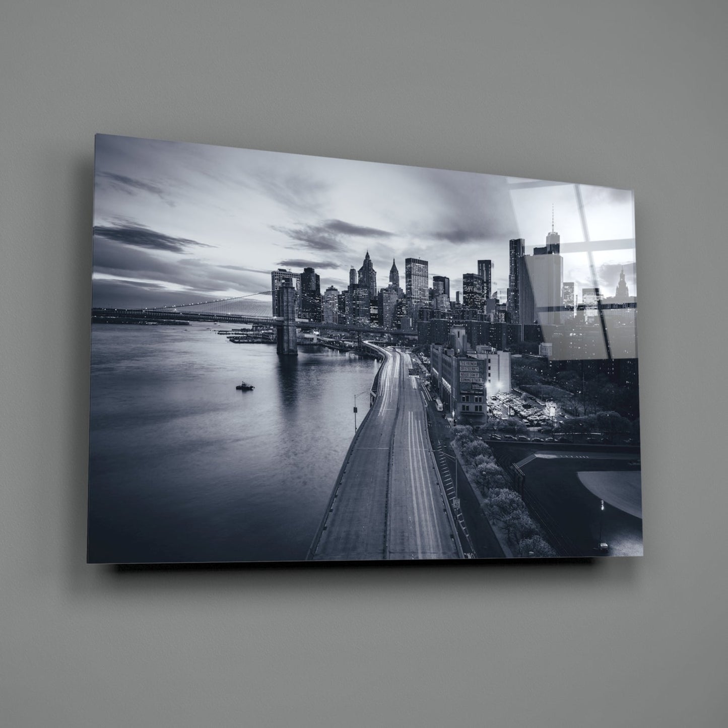 Manhattan Skyline Bridge Dusk Glass Wall Art