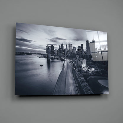 Manhattan Skyline Bridge Dusk Glass Wall Art