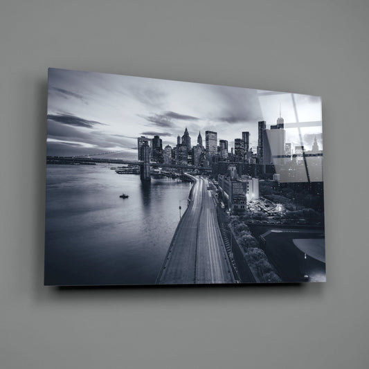 Manhattan Skyline Bridge Dusk Glass Wall Art