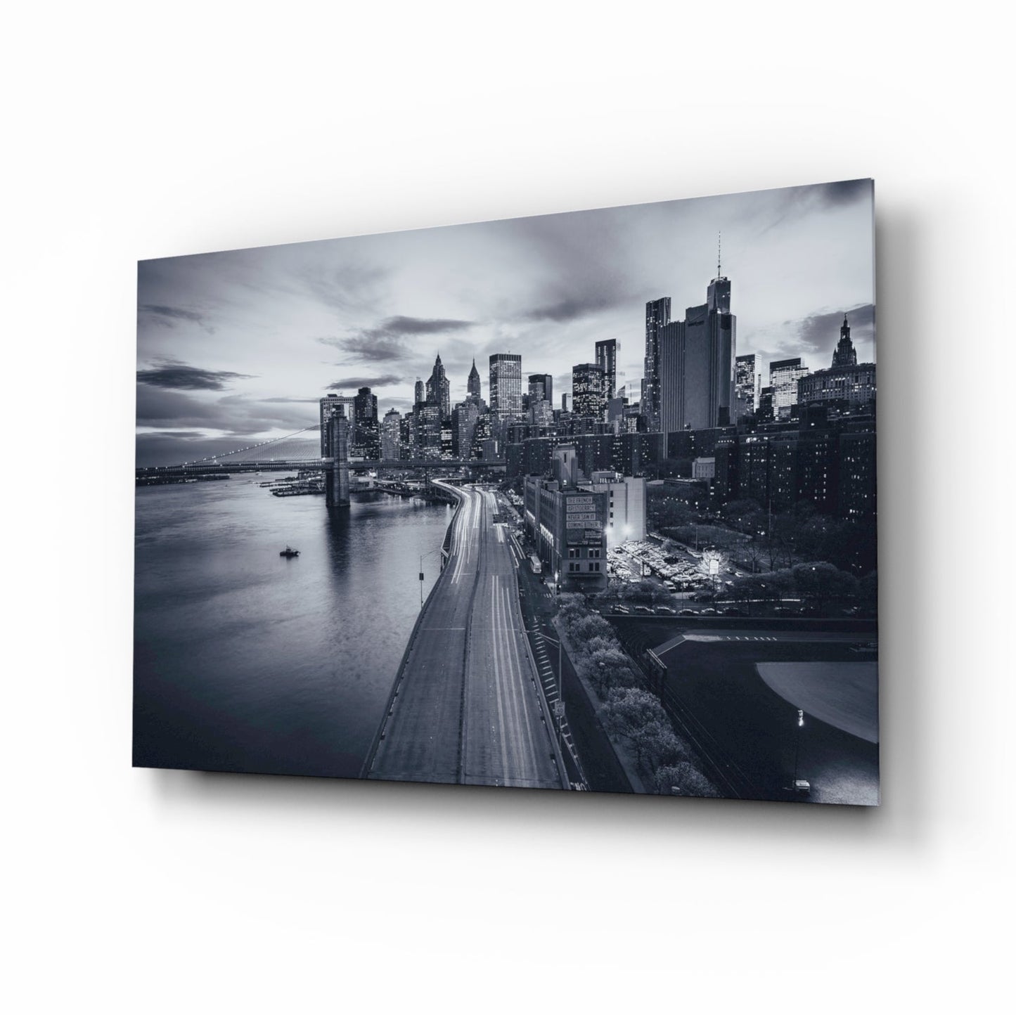 Manhattan skyline bridge dusk glass wall art