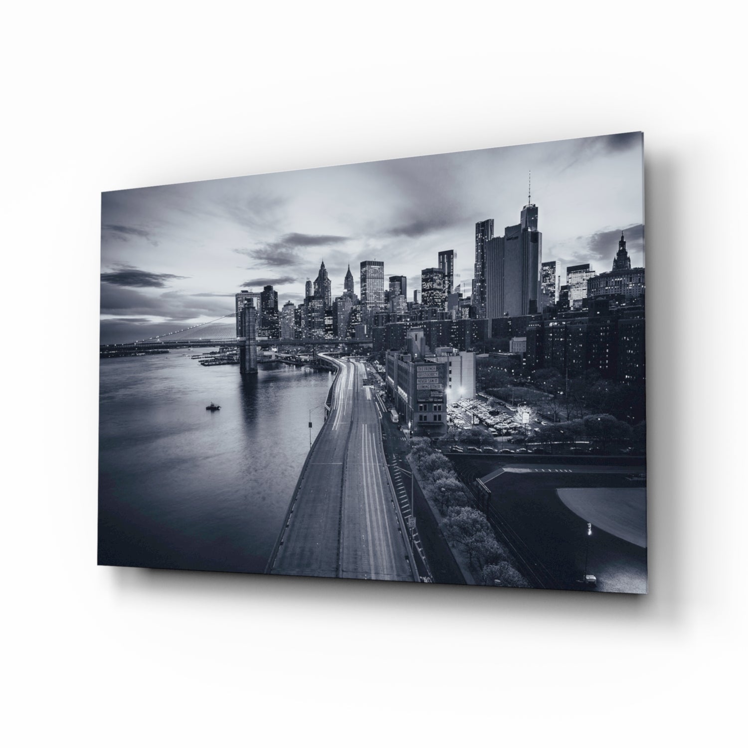 Manhattan skyline bridge dusk glass wall art