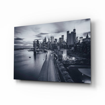 Manhattan skyline bridge dusk glass wall art