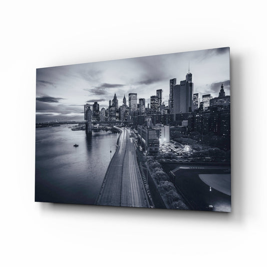 Manhattan skyline bridge dusk glass wall art