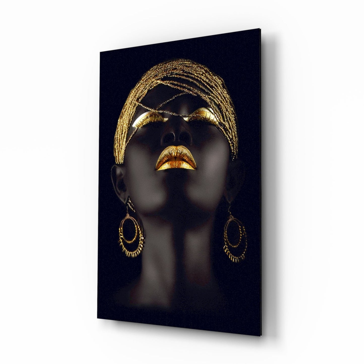 Gold beaded headdress woman glass wall art