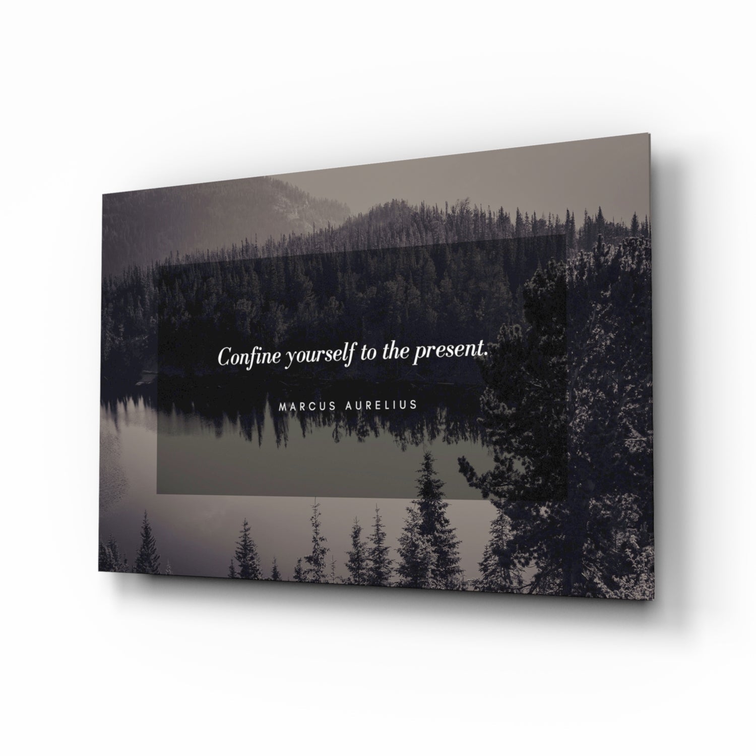 Confine yourself stoic quote misty forest lake glass wall art