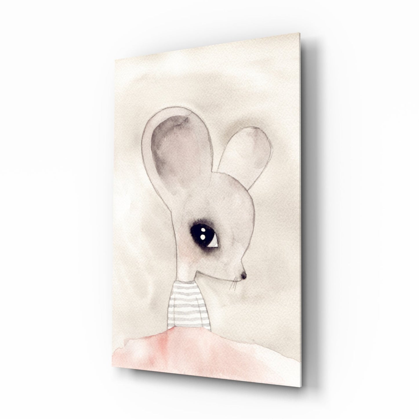 Cute mouse watercolor glass wall art with polished finish