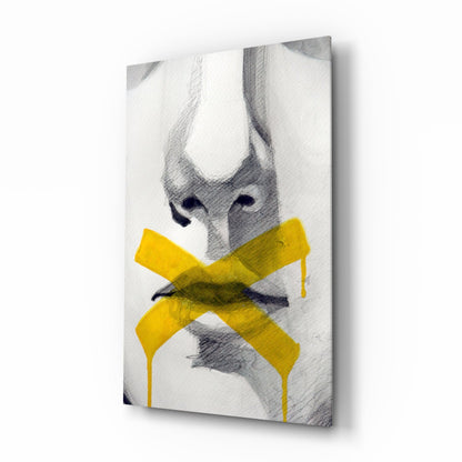 Yellow Tape Sketched Lips Glass Art