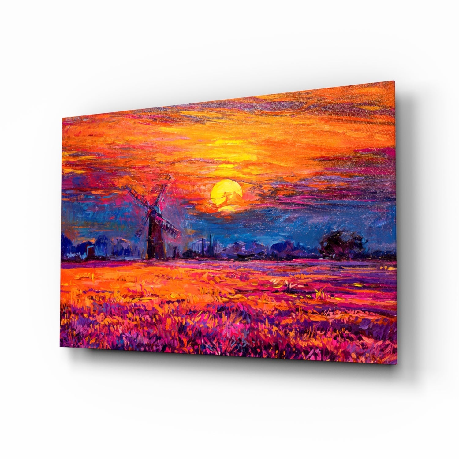Windmill prairie sunset glass wall art in orange and violet