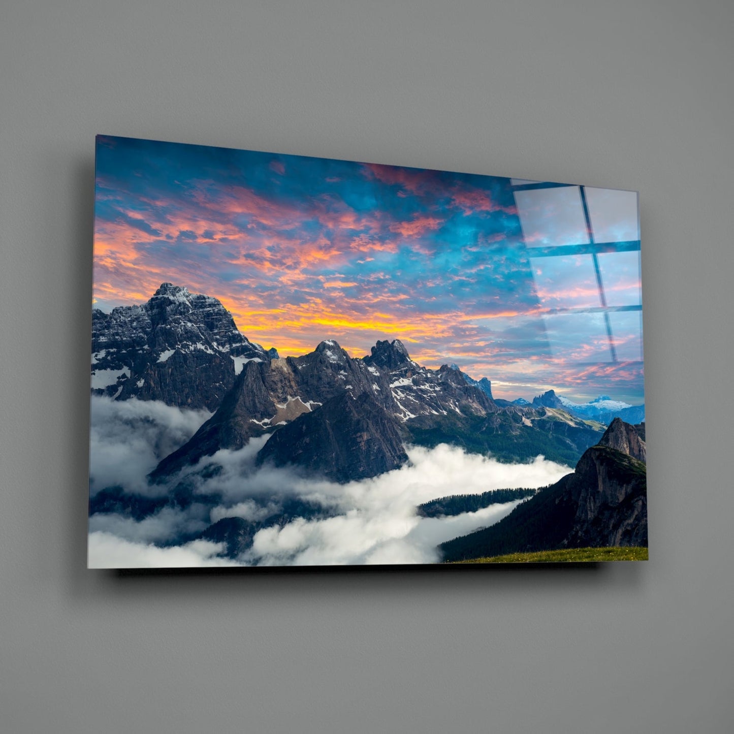 Dolomite Peaks Sunset Glass Wall Art, Alpine Mountain Landscape